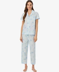 Lauren Ralph Women's Notch Collar Top and Cropped Pajama Pants, 2-Piece Set