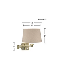 Barnes and Ivy Modern Swing Arm Wall Lamp with Cord Cover Antique Brass Plug-In Light Fixture Linen Drum Shade for Bedroom