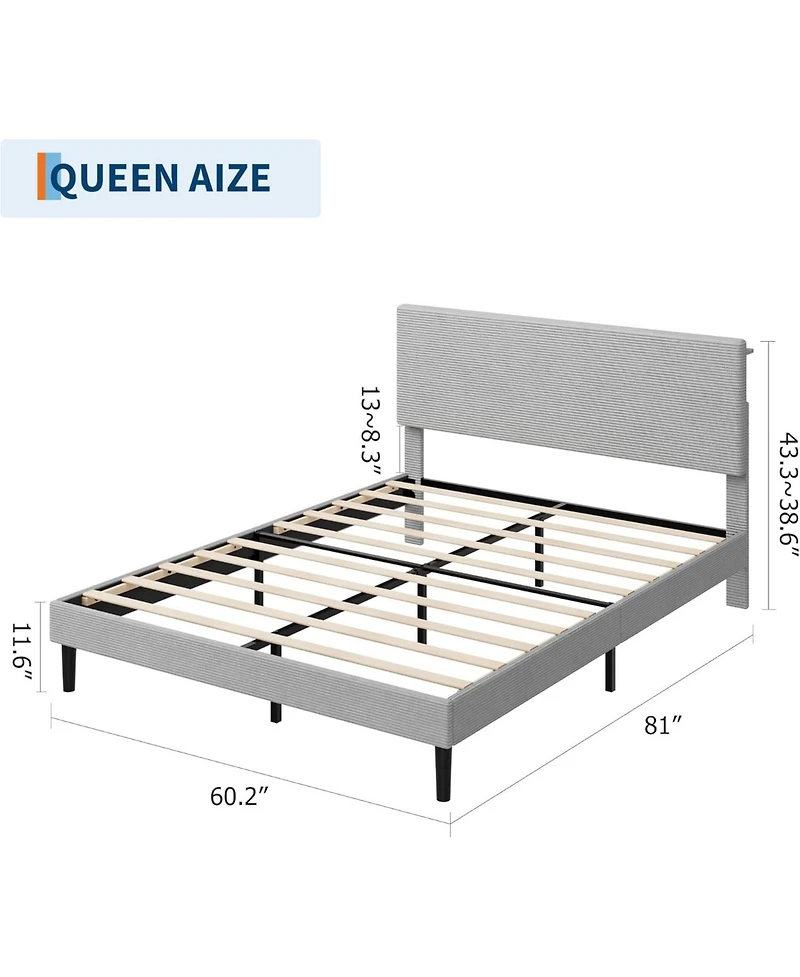 gaomon Queen Corduroy Upholstered Usb Charging Station Storage Headboard Platform Bed Frame