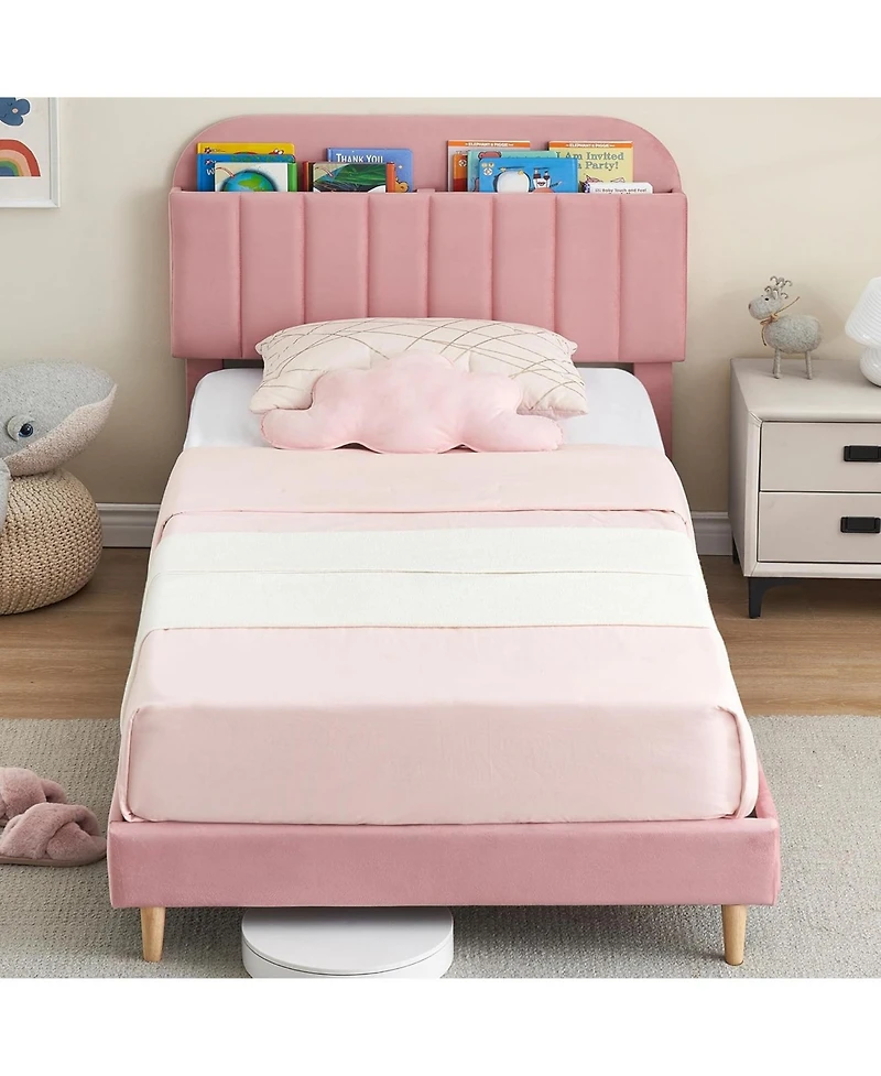 gaomon Set of 2 Twin Upholstered Bed Frames with Bookcase Headboard, Velvet Platform Design