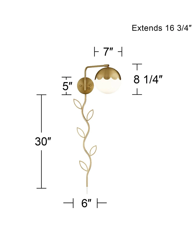 360 Lighting Kelowna Modern Swing Arm Wall Lamp with Cord Cover Brass Plug-in Light Fixture Glass Globe Shade for Bedroom Bedside Living Room Reading