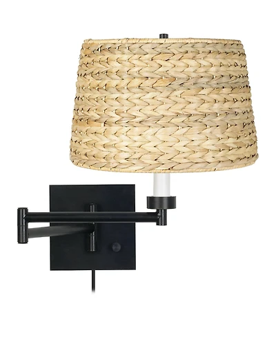 Franklin Iron Works Modern Swing Arm Wall Lamp Plug-In Light Fixture Woven Seagrass Drum Shade for Bedroom Living Room