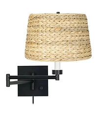 Franklin Iron Works Modern Swing Arm Wall Lamp Plug-In Light Fixture Woven Seagrass Drum Shade for Bedroom Living Room