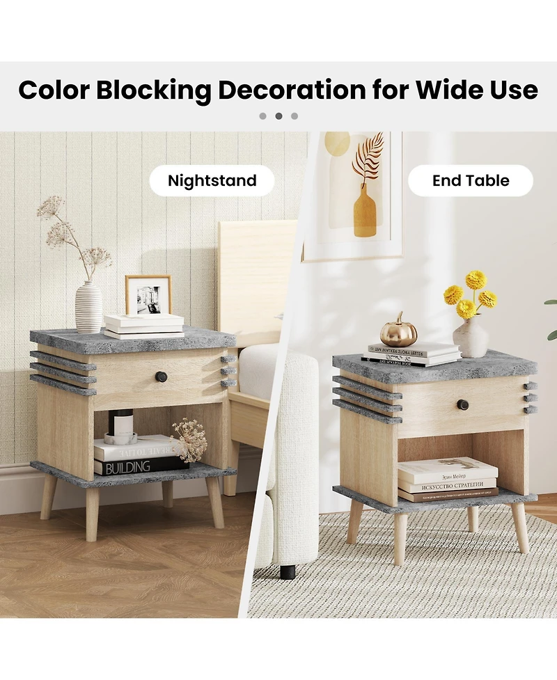 Gouun 3-Tier Bedside Table with Faux Marble Top, Drawer and Open Shelf