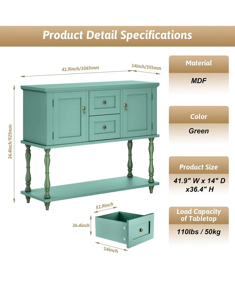 gaomon 42" Farmhouse Wooden Console Table with 2 Drawers, 2 Doors and Storage Shelf