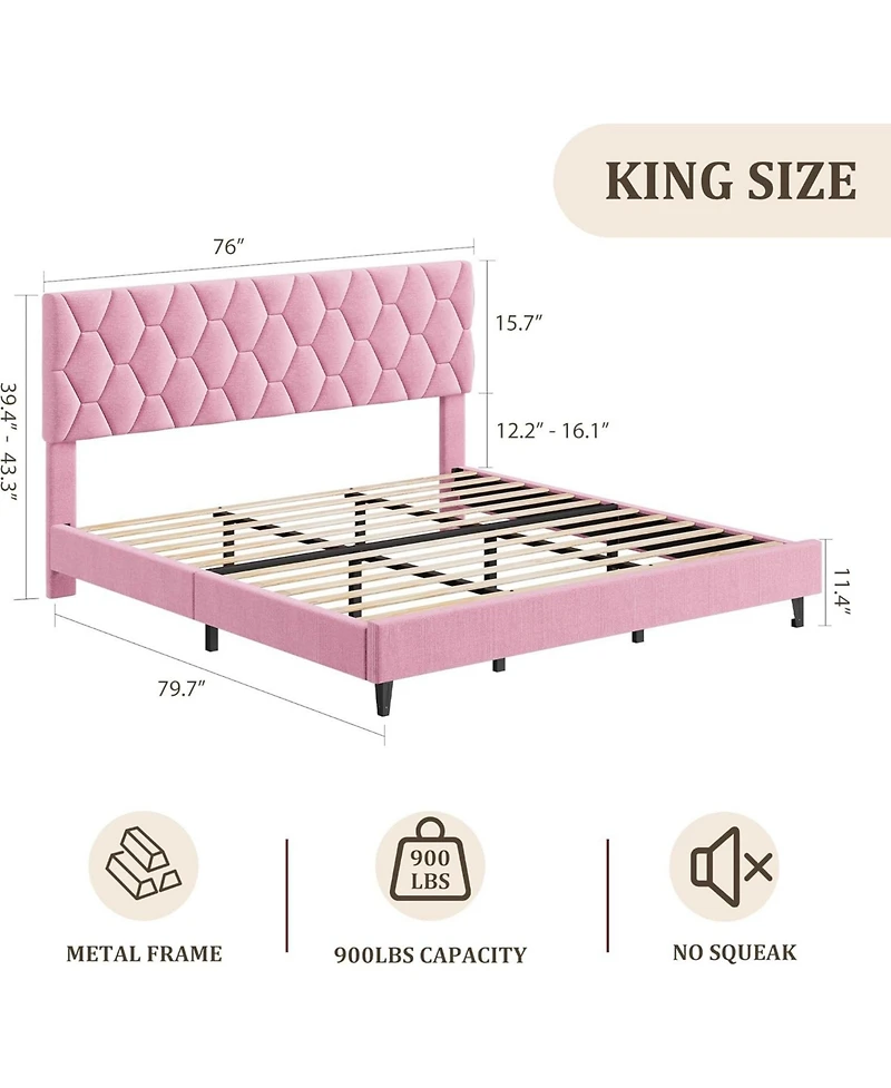 gaomon King Upholstered Bed Frame with Headboard, Platform Design with Wood Slats