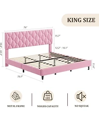 gaomon King Upholstered Bed Frame with Headboard, Platform Design with Wood Slats