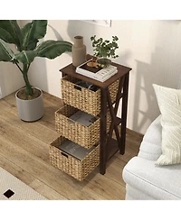 Gouun 3-Tier Narrow Nightstand with 2 Woven Baskets and X-Frame Design