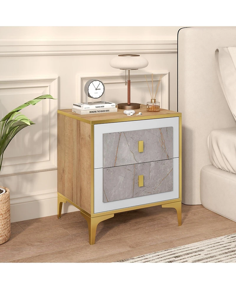 Gouun Marble-Motif Nightstand with 2 Pull-Out Drawers and Metal Legs