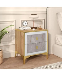 Gouun Marble-Motif Nightstand with 2 Pull-Out Drawers and Metal Legs