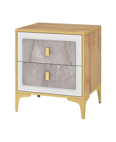 Gouun Marble-Motif Nightstand with 2 Pull-Out Drawers and Metal Legs