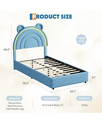 gaomon Twin Velvet Bed Frame with Bear Headboard, Led Lights and 2 Drawers, Upholstered Platform