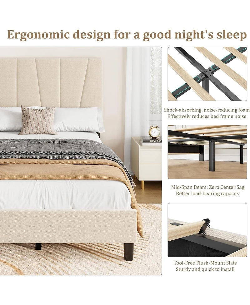gaomon Twin Upholstered Bed Frame with Adjustable Headboard, Linen Platform with Wood Slats