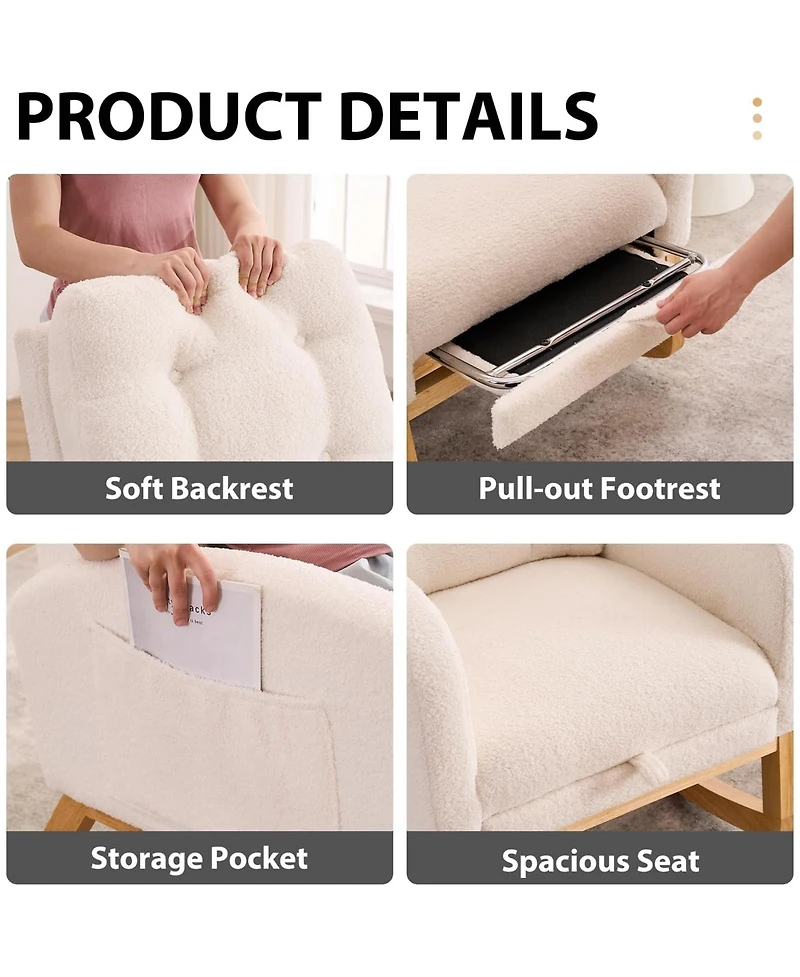 Rainsken Plush Accent Rocking Chair, Teddy Upholstered Recliner Chair with Side Pocket and Retractable Footstool for Living Room, Balcony