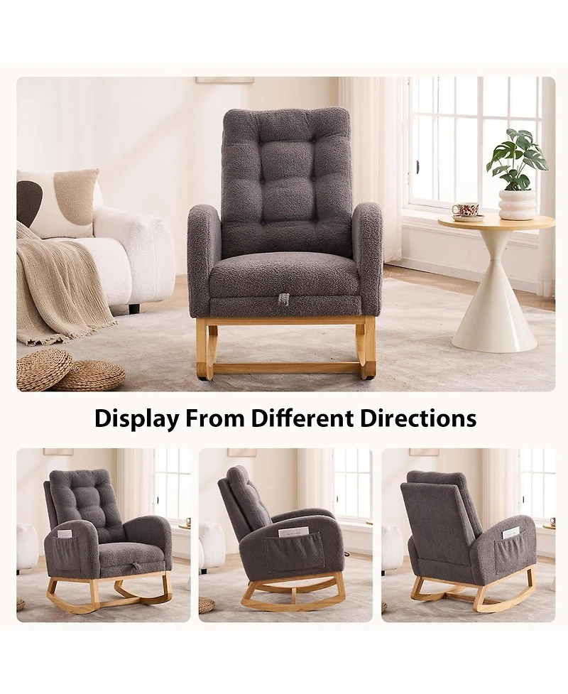 Rainsken Teddy Fleece Plush Rocking Accent Chair, Ergonomic Recliner with Side Storage Pocket and Retractable Footrest for Living Room, Balcony