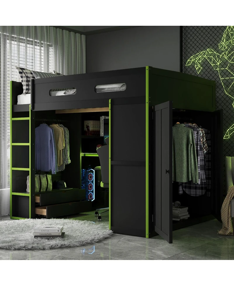 Streamdale Furniture Wood Loft Bed w/Desk, Wardrobe, Storage, Rgb Light