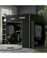 Streamdale Furniture Wood Loft Bed w/Desk, Wardrobe, Storage, Rgb Light
