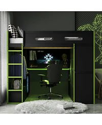 Streamdale Furniture Wood Loft Bed w/Desk, Wardrobe, Storage, Rgb Light