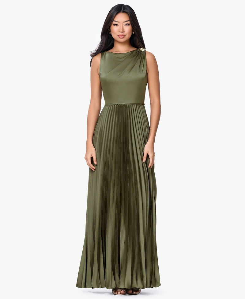 Betsy & Adam Women's Boat Neck Pleated Ball Gown