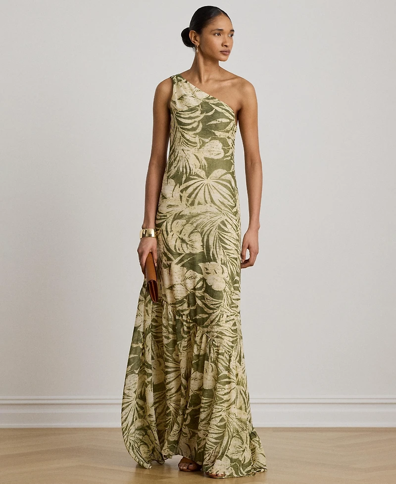 Lauren Ralph Print Georgette One-Shoulder Gown