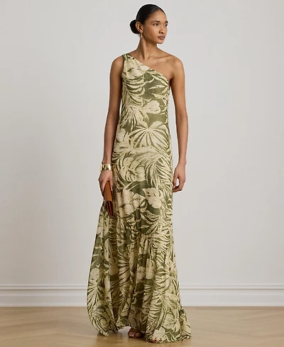 Lauren Ralph Print Georgette One-Shoulder Gown