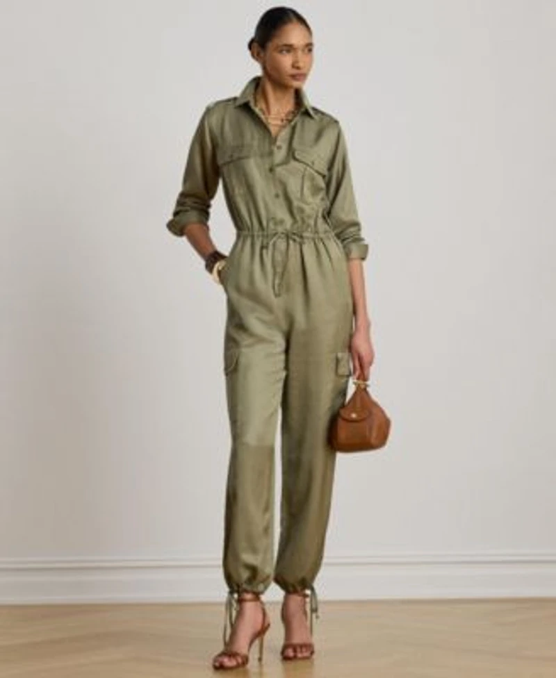 Lauren Ralph Lauren Womens Spread Collar Shantung Cargo Jumpsuit