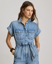 Lauren Ralph Women's Spread Collar Belted Denim Wide-Leg Jumpsuit