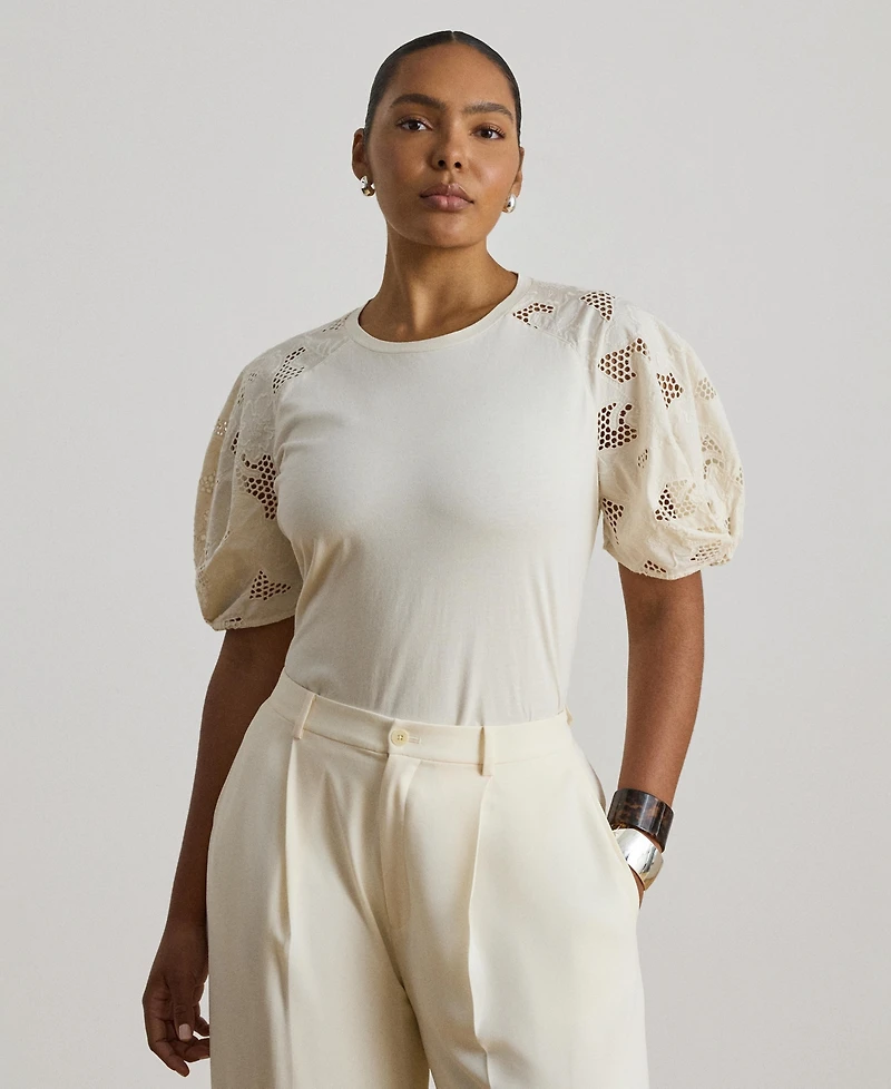 Lauren Ralph Women's Crewneck Eyelet-Bubble-Sleeve Top