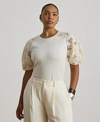 Lauren Ralph Women's Crewneck Eyelet-Bubble-Sleeve Top