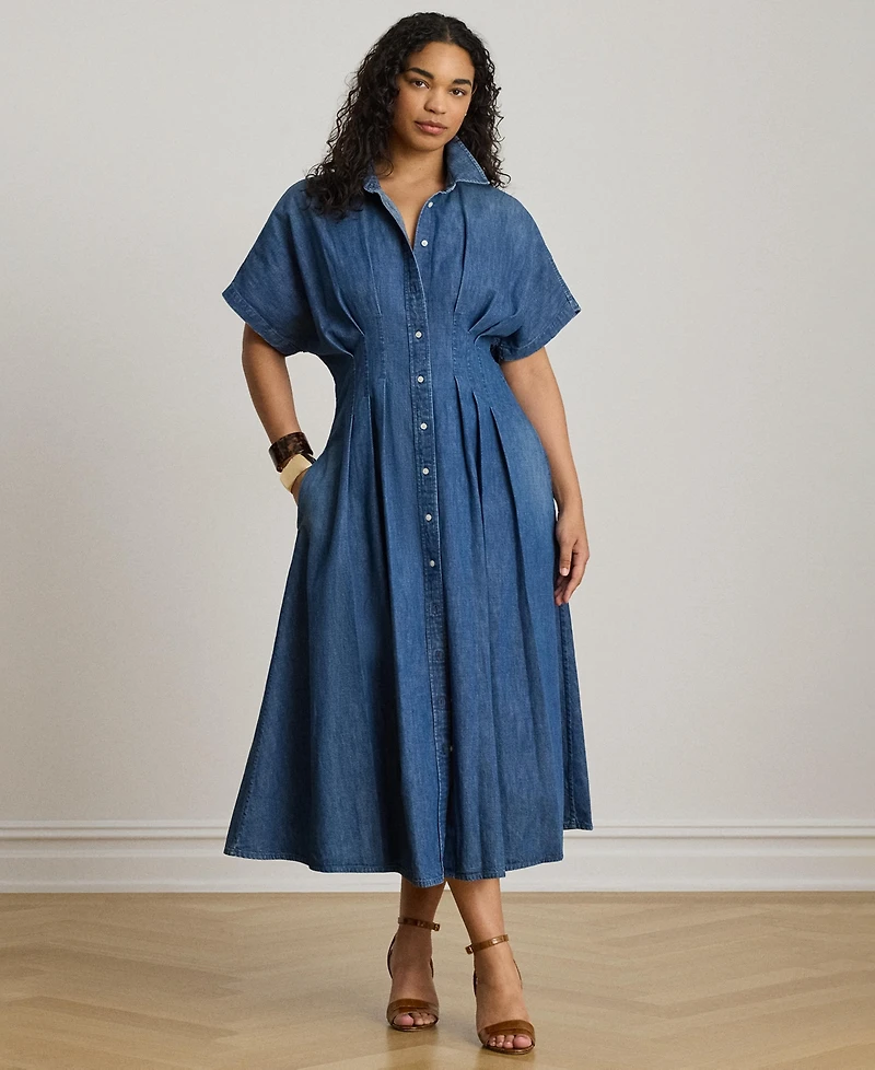 Lauren Ralph Women's Point Collar Pleated Denim Shirt Dress