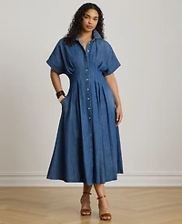 Lauren Ralph Women's Point Collar Pleated Denim Shirt Dress