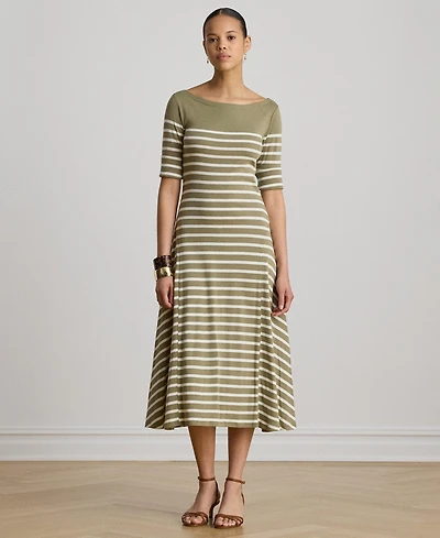Lauren Ralph Women's Boat Neck Breton-Stripe Ribbed Midi Dress