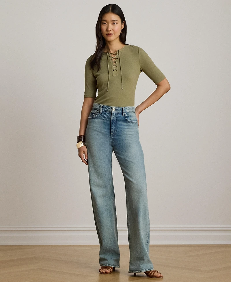 Lauren Ralph Women's Crewneck Lace-Up Ribbed Elbow-Sleeve T-Shirt