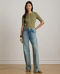 Lauren Ralph Women's Crewneck Lace-Up Ribbed Elbow-Sleeve T-Shirt
