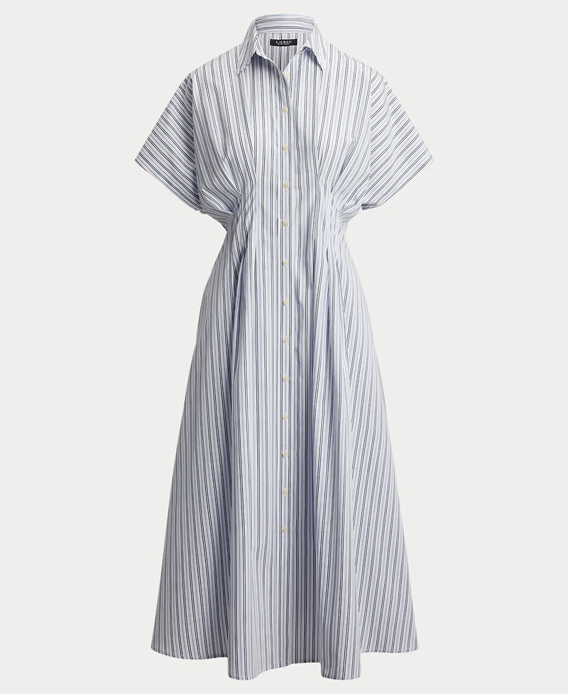 Lauren Ralph Women's Point Collar Striped Pleated Broadcloth Shirt Dress