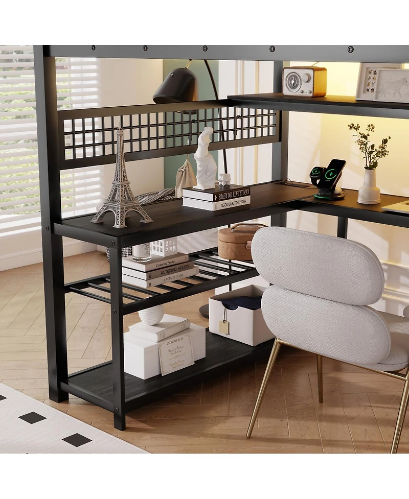Streamdale Furniture Metal Loft Bed With Stairs, Desk, Storage, Lights