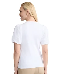 Jones New York Women's Eyelet Puff-Sleeve Crew Neck Top