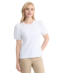 Jones New York Women's Eyelet Puff-Sleeve Crew Neck Top