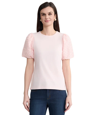 Jones New York Women's Eyelet Puff-Sleeve Crew Neck Top