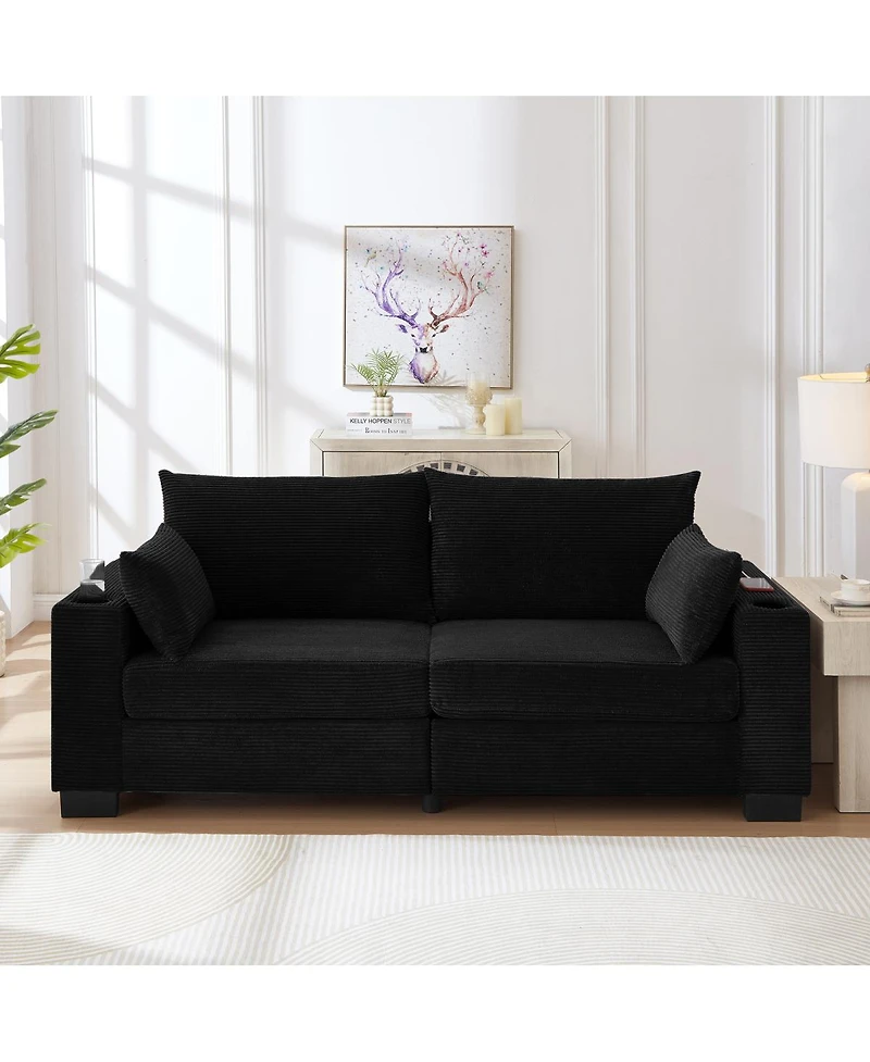 Streamdale Furniture 78 inch Corduroy Sofa with Usb, Cup Holders, Side Pocket