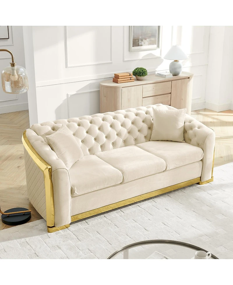 Streamdale Furniture Velvet Tufted Luxury Sofa with Gold Steel Trim