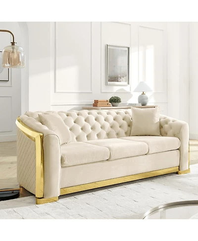 Streamdale Furniture Velvet Tufted Luxury Sofa with Gold Steel Trim