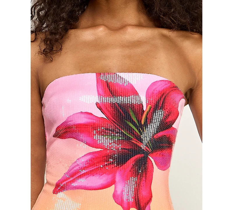 Seni & Cade Women's Tropical Floral Sequin Strapless Mini Dress
