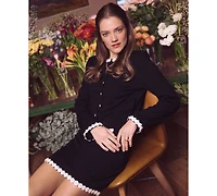 CeCe Women's Crochet Floral Trim Detail Crewneck Cardigan