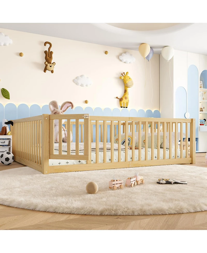 Streamdale Furniture Queen Size Bed Floor Bed with Safety Guardrails and Door for Kids
