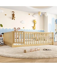 Streamdale Furniture Queen Size Bed Floor Bed with Safety Guardrails and Door for Kids