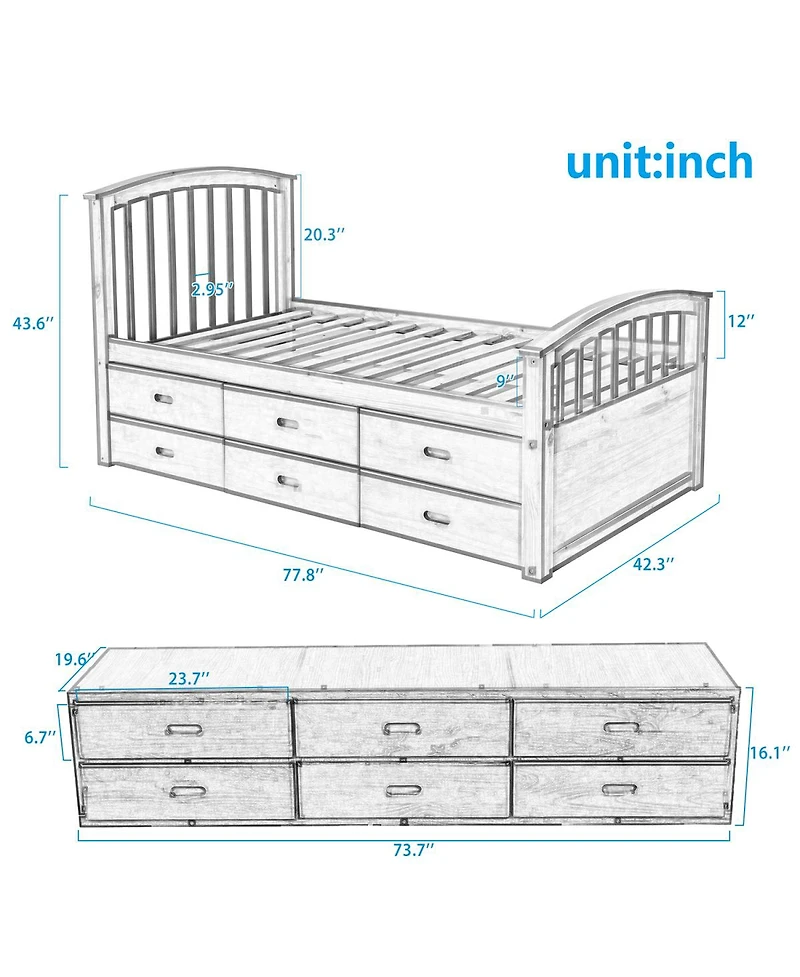 Streamdale Furniture Twin Size Platform Storage Bed Solid Wood Bed with 6 Drawers