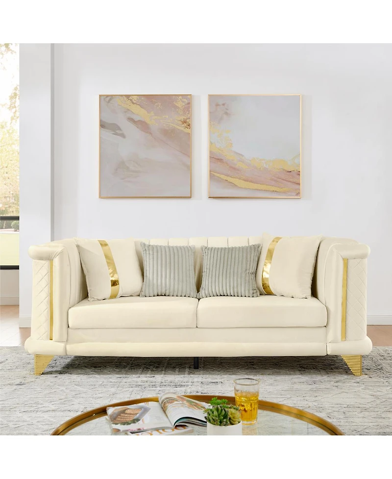 Streamdale Furniture Velvet 3-Seater Sofa with Gold Trim and Pillows