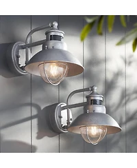 John Timberland Modern Industrial Outdoor Barn Lights Set of 2 Metal Dusk to Dawn Motion Sensor Gooseneck Clear Glass Exterior