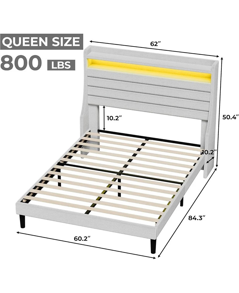 gaomon Led Bed Frame with Charging Station, Wooden Platform Upholstered Headboard and Slat Support, No Noise, Box